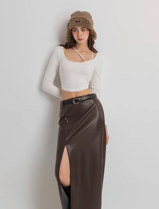 【Heat Tech】Faux Leather High Waist Front Slit Straight Maxi Skirt (with Belt)