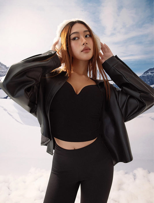 【Heat Tech】Faux Leather Cropped Button Front Shirt Jacket