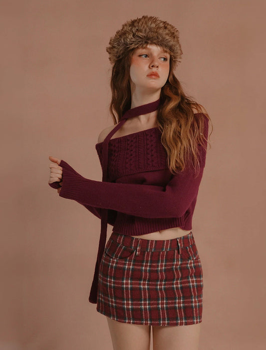 Fold Over Off Shoulder Neckline Ribbed Cable Knit Sweater (with Scaft)