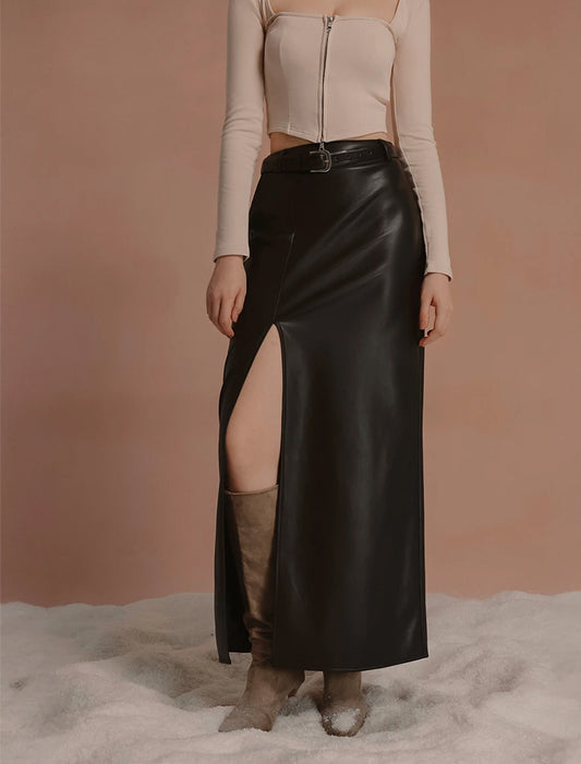 【Heat Tech】Faux Leather High Waist Front Slit Straight Maxi Skirt (with Belt)