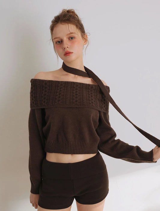 Fold Over Off Shoulder Neckline Ribbed Cable Knit Sweater (with Scaft)