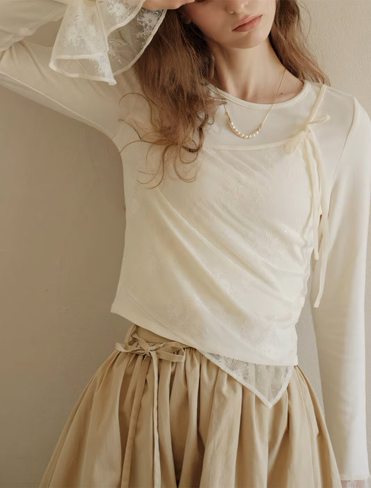 Lace-Paneled Faux Two-Piece Shirt