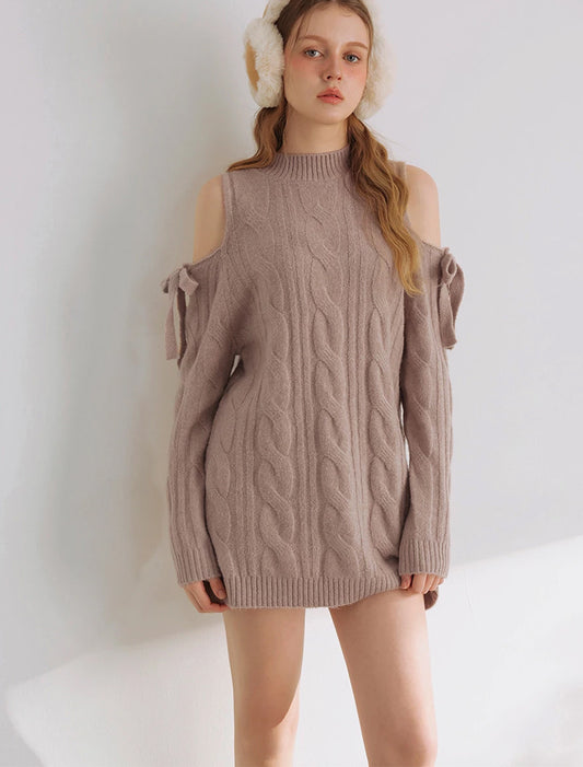 Ribbon Tie Cold Shoulder Cable Knit Longline Sweater