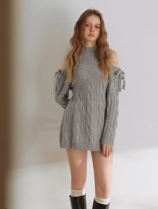 Ribbon Tie Cold Shoulder Cable Knit Longline Sweater